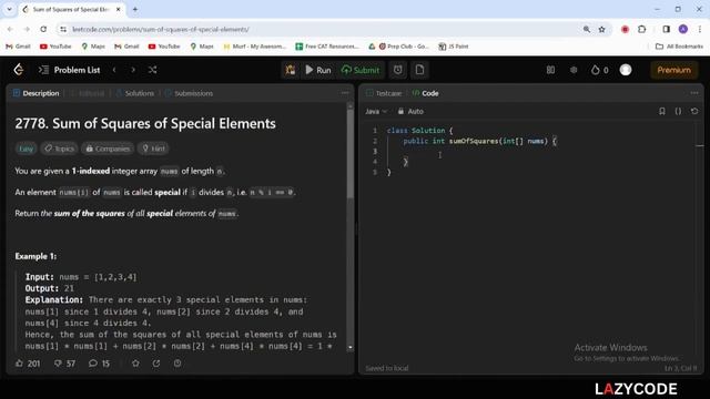 LeetCode in Java | Problem Solving in Arrays : Easy Question | Sum of Squares of Special Elements