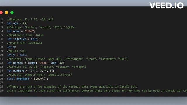 Here are some examples of JavaScript data types along with examples