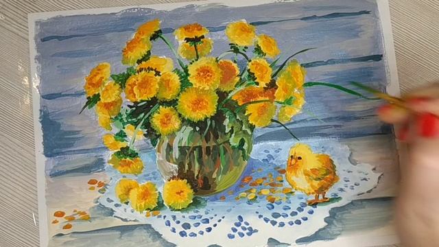 Одуванчики и цыпленок. Гуашь.6-я часть. смотреть онлайн