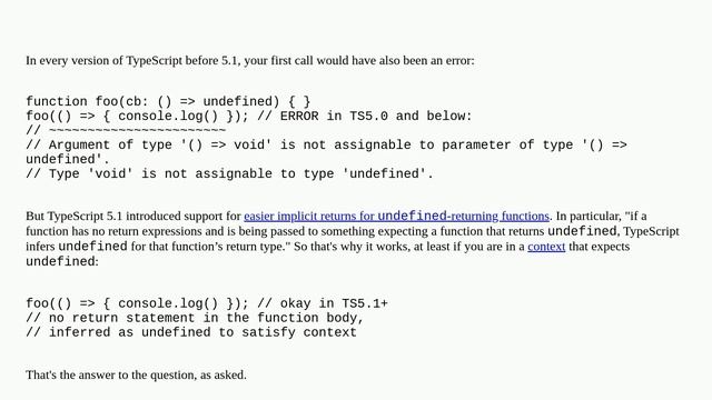 Typescript infers void return type with short body arrow function but not regular arrow function смотреть онлайн