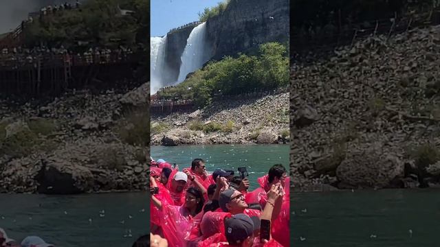 Niagara City Cruises boat and Cave of the Winds attraction at the Niagara Falls between USA & Canad