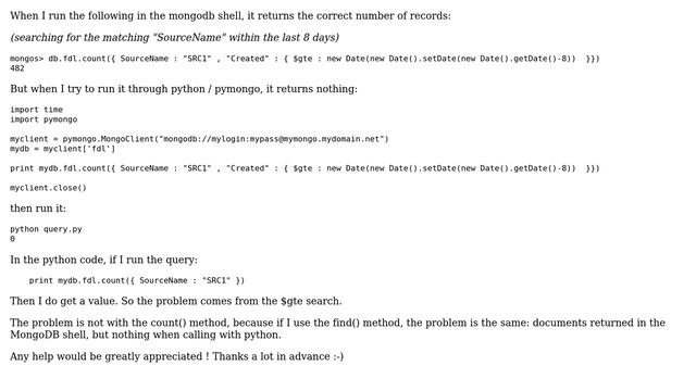 Databases: Query using $gte and New Date() working in MongoDB shell but not through python pymongo смотреть онлайн