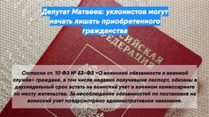 Депутат Матвеев: уклонистов могут начать лишать приобретенного гражданства