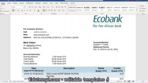 Benin Ecobank proof of address banking statement template in Word and PDF format