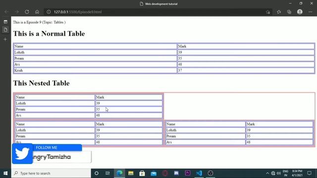 #9 Nested Table Tag| Web Development Tutorial for Beginners in Tamil #CodingTamizha|#web_developmen