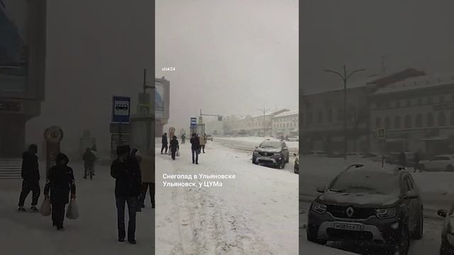 Опять снегопад в Ульяновске. Гончарова, у ЦУМа. 17 января 2024 г. Идёт снег. Ульяновск весь в снегу