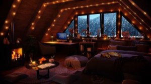 Winter Log Cabin with Crackling Fireplace, Wind and Snow - Relax, Study, Sleep