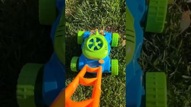 Grass Cutting with Dad and Kid | push lawn mower, safety gear  and bubble pop lawn mower