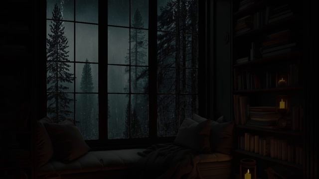 어두운 방, 창가 의자에 앉아 창밖으로 떨어지는 빗소리, 깊고 편안한 잠에 빠지다 - Rain By The Window Of The Book Room смотреть онлайн