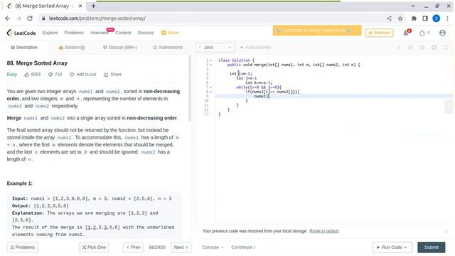 88. Merge Sorted Array using Java  in leetcode