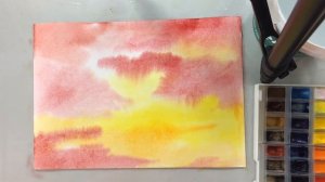 Рисуем небо, облака, закат по мокрому акварелью.