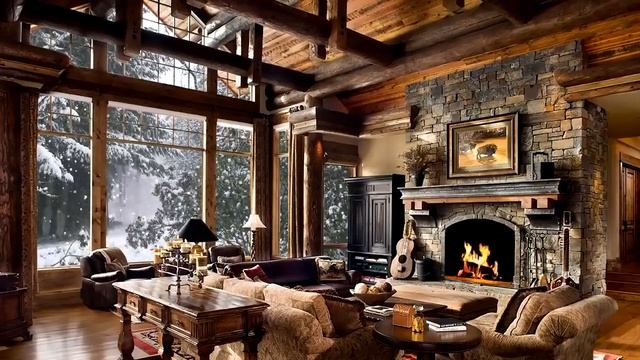 Wooden House Warm Fireplace and Snowstorm Sounds