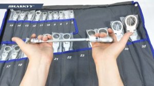 Распаковка набора гаечных ключей с трещоткой и шарниром 6-32 мм в мягкой упаковке CSGMRS-19 | HASKY