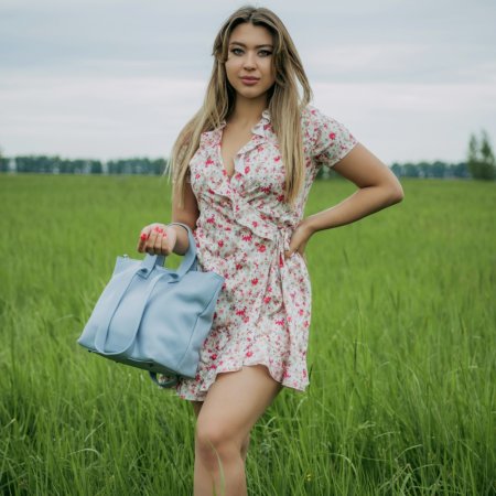 Голубая женская сумка шоппер из натуральной кожи vera pelle