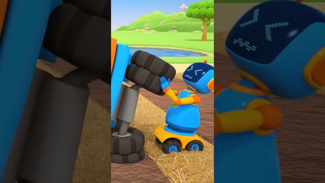 Scoop the excavator got stuck on the farm. Leo & robots save the day. Funny cartoons for kids