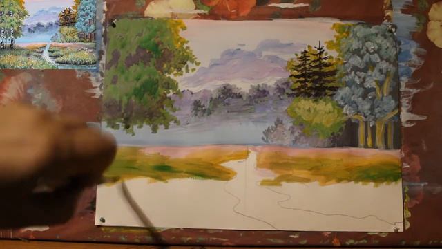 Как нарисовать поэтапно пейзаж гуашью Рисуем Лес, Ручей