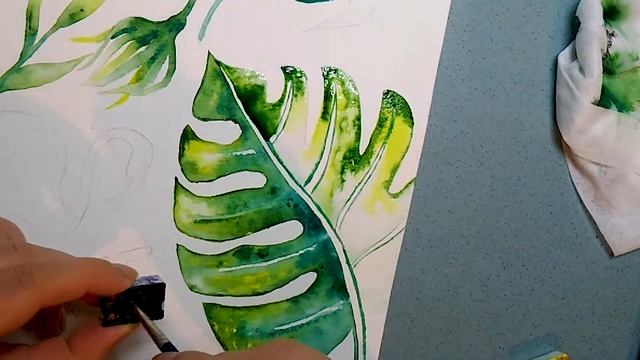 Рисуем фламинго акварелью и монстеру. Рисуем по мокрому. Рисунки триптиха