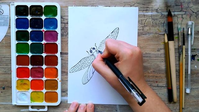 Как нарисовать СТРЕКОЗУ акварелью | Уроки рисования насекомых | Простой рисунок красками