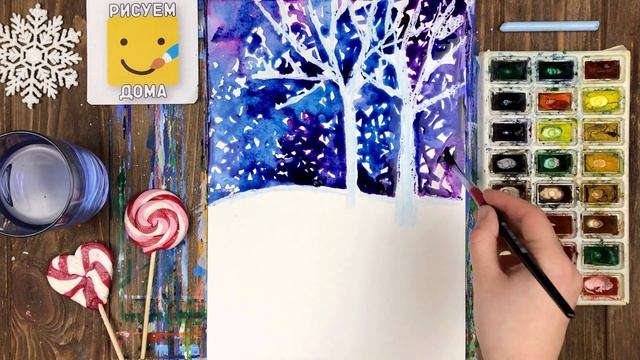 Рисуем зимний лес акварелью/ Зимний пейзаж