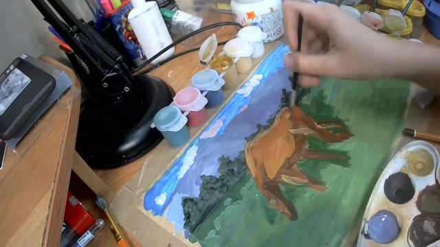 как нарисовать пейзаж гуашью .Как нарисовать лошадь гуашью