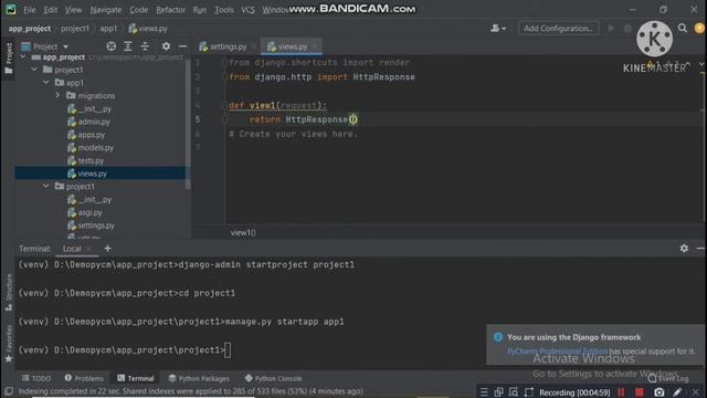 Pycharm - Django First Application and Project making. Basics of django learning.