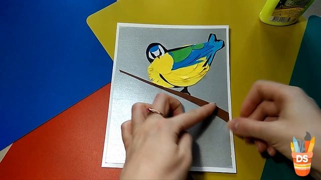 Titmouse and mimosa. Kindergarten application. Синичка и мимоза. Аппликация в садик.