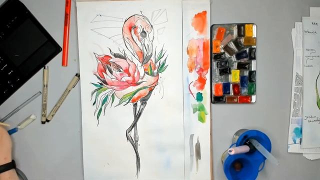 Эскиз Акварельный Фламинго Time-Lapse смотреть онлайн