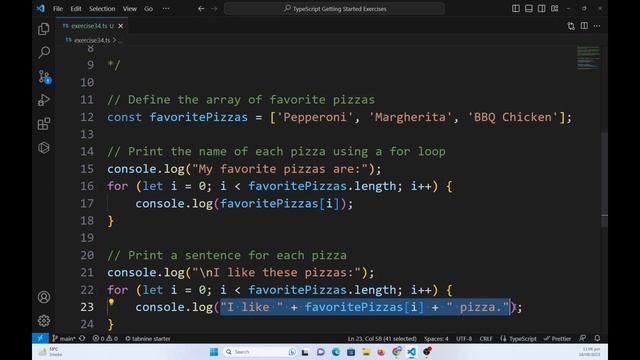 TypeScript basics exercise 34: Pizzas - Use of traditional For loop with Array