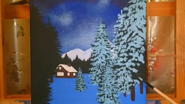 ❄СНЕЖНАЯ ЗИМНЯЯ НОЧЬ. Дом в лесу. Как нарисовать акрилом. Светится в темноте. Landscape how to draw