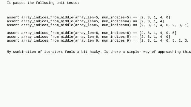 Codereview: Middle-outwards alternating iterator