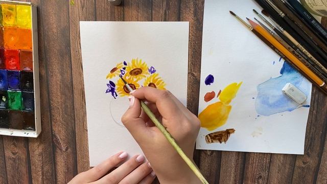 Подсолнухи и ирисы в стеклянной вазе. Акварель для начинающих смотреть онлайн