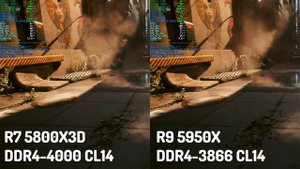 Ryzen 7 5800X3D DDR4-4000 CL14 vs. Ryzen 9 5950X DDR4-3866 CL14 Cyberpunk 1440p Benchmark Compariso