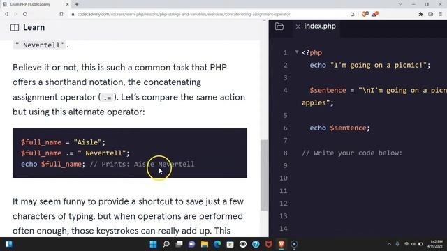 The Concatenating Assignment Operator, Codecademy's Learn PHP, Concat Assignment Operator in PHP