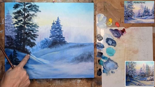 ?"МОРОЗНЫЙ ДЕНЬ" как написать зимний пейзаж/живопись маслом #живопись #какнарисовать #зимнийпейзаж