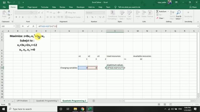 Quadratic programming problem using Excel solver