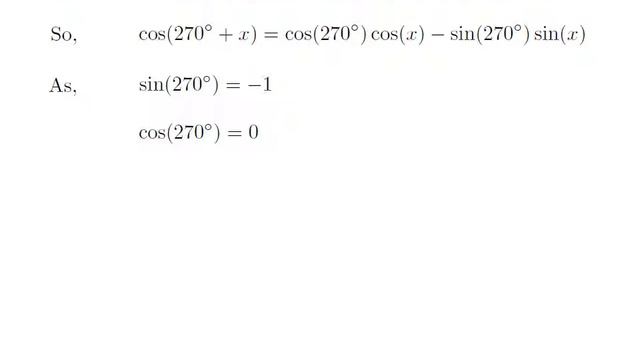 cos(270 + x) | cos(3pi/2 + x) | cos(270 + A) | cos(3pi/2 + A) | cos(270 + theta)