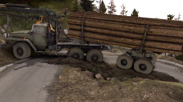 Высокий центр тяжести Урала с краном. Доставка бревен к дальней пилораме карты ХОЛМ. Spintires смотреть онлайн
