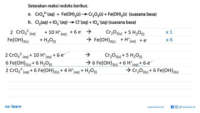 Setarakan reaksi redoks berikut. a. CrO4^(2-) (aq) + Fe(OH)2 (s) -﹥ Cr2O3 (s) + Fe(OH)3 (s) (s.. смотреть онлайн