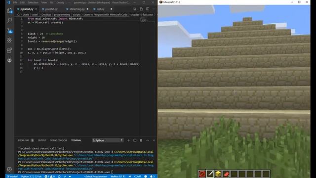 Программирование Python под Minecraft Постройка пирамиды циклом смотреть онлайн
