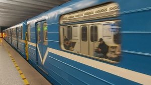 Прибытие метропоезда на станцию Спортивная, нижний зал (Санкт-Петербург)