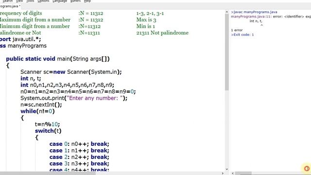 JAVA | Many Programs in One | Frequency of Digits, Maximum/ Minimum from Number, Palindrome Number