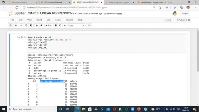 Supervised Learning -Simple Linear Regression, Decision Tree Algorithm  using  python