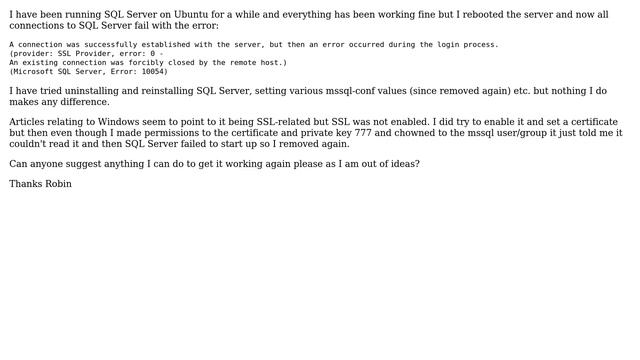 SQL Server on Ubuntu - An existing connection was forcibly closed by the remote host after reboot смотреть онлайн