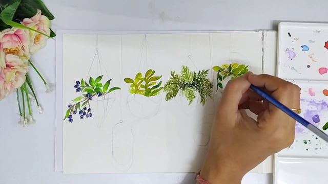 hanging plant doodles: watercolor tutorial / easy watercolor plants