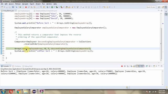 How to sort the range of Employee Array? | sort - Comparator