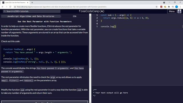 Learn ES6 (9/31) | Use the Rest Parameter with Function Parameters | freeCodeCamp