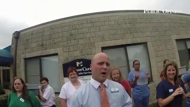 Dan Fessler, ManorCare, takes the ALS Ice Bucket Challenge with his employees.#ponews #alsicebucket