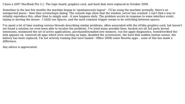 Apple: MacBook Pro 3,1 (2007), running 10.6.8, sudden logout, window_server crash (2 Solutions!!) смотреть онлайн