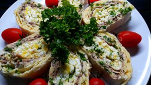 Рулет Мимоза. Закуска из лаваша с начинкой. Новогодняя закуска. Mimosa roll. New Year's snack.