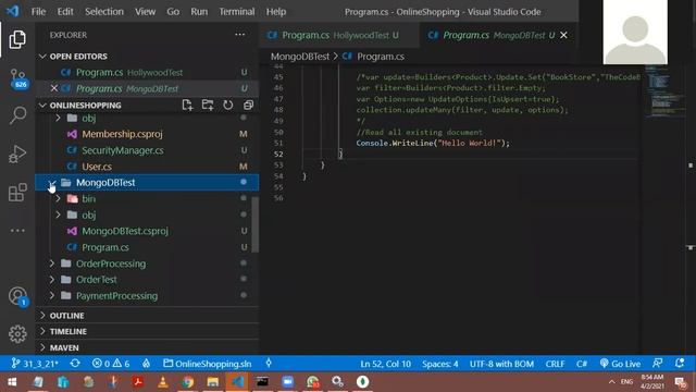 Mongo DB Database Connectivity using Dotnet Core 5